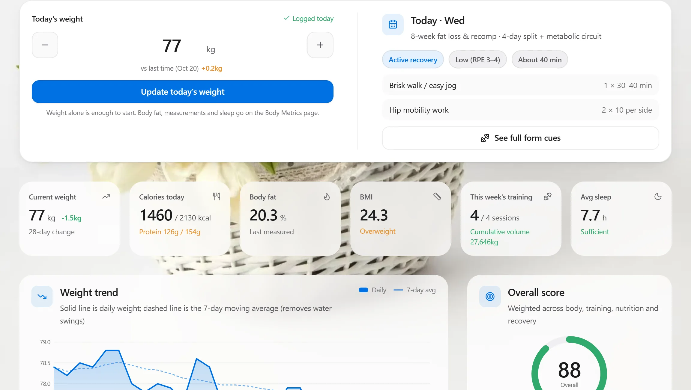 Overview: composite score, weight trend, training consistency and raw records